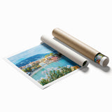 Rolled print showcasing a vibrant landscape village design with warm colors, ideal for home decor; packaged securely in a protective cardboard tube.
