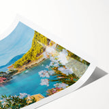 Rolled print showcasing a vibrant landscape village design, featuring lush greenery and quaint houses, perfect for home decor. Packaged securely for delivery.