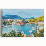 Colorful stretched canvas wall art depicting a serene village landscape with rolling hills and vibrant trees, ideal for enhancing home decor with a tranquil vibe.