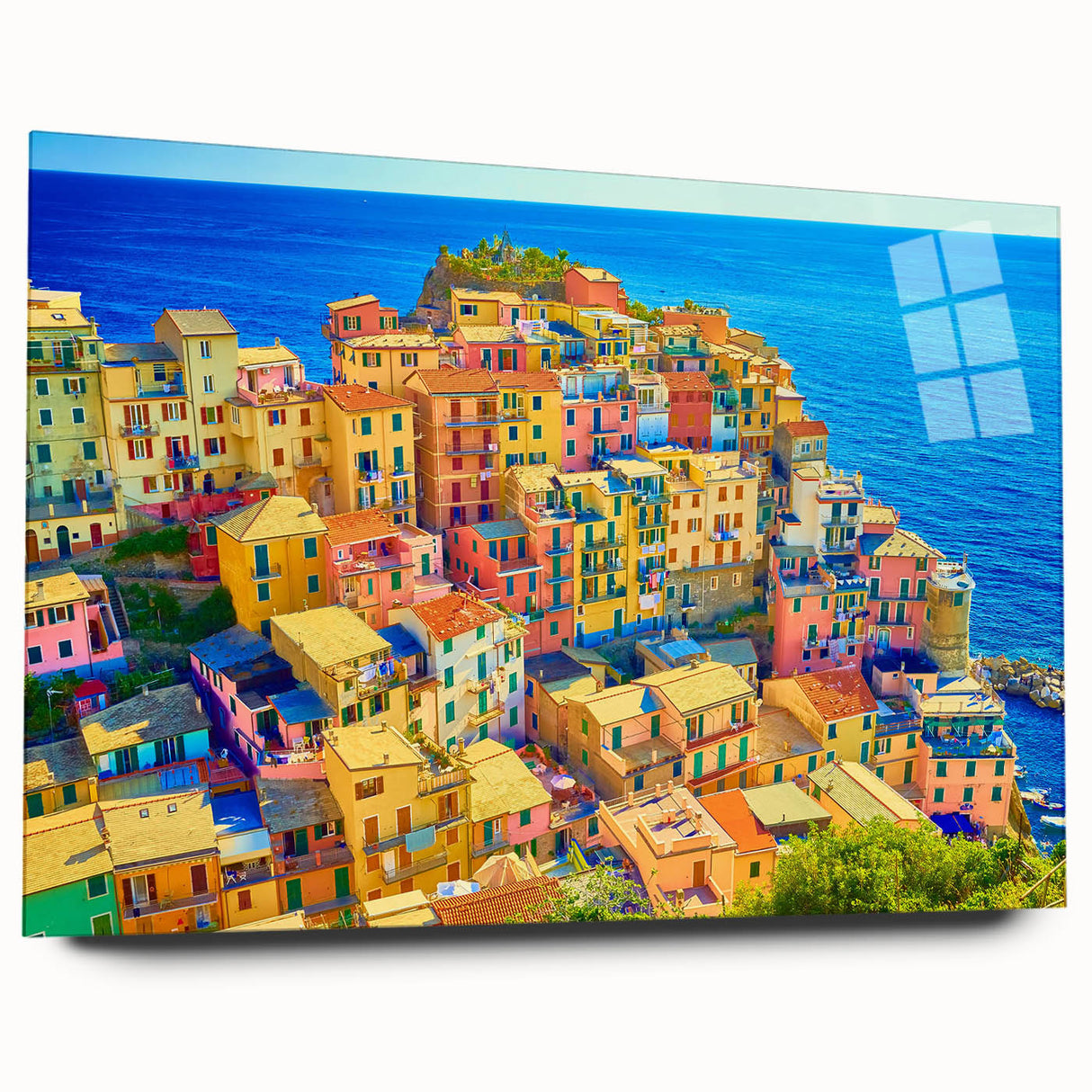 Acrylic glass wall art showcasing a serene village landscape design, featuring soft pastel colors and intricate details, ideal for home decor enhancement.