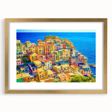 Framed wall art collection showcasing a picturesque village landscape design with a gold mat, perfect for enhancing home decor and interior aesthetics.
