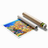 Rolled canvas print showcasing a serene village landscape design, featuring vibrant colors and intricate details, perfect for home decor in a stylish cardboard tube.