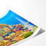 Rolled print of a vibrant village landscape design showcasing lush greenery and quaint homes, designed for wall art decor, perfect for enhancing living spaces.