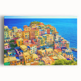Stretched canvas wall art showcasing a vibrant landscape village design, featuring lush greenery and quaint houses, ideal for home decor enhancement.