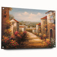 Acrylic glass wall art collection showcasing a vibrant landscape village design, featuring rich colors and intricate details, mounted on a side view display with pins.