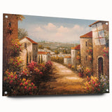 Acrylic glass wall art collection showcasing a vibrant landscape village design, featuring rich colors and intricate details, mounted on a side view display with pins.
