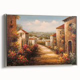 Framed canvas wall art showcasing a serene landscape design with quaint villages, featuring silver accents and a side view, ideal for home decor enhancement.