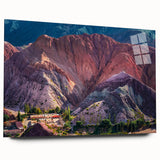 Acrylic glass wall art collection showcasing a vibrant landscape of colorful villages, featuring a sleek side view without pins, perfect for modern decor.