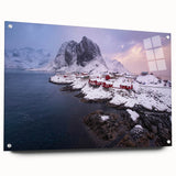 Acrylic glass wall art featuring a vibrant village landscape design, showcasing rich colors and intricate details, displayed from a side view with mounting pins.