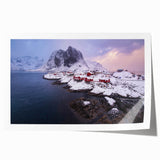 Rolled print showcasing a vibrant landscape village design, featuring rich colors and intricate details, ideal for home decor or art collection. The artwork is packaged securely in a cardboard tube for safe delivery.