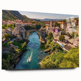 Acrylic glass wall art display showcasing a vibrant village landscape design with intricate details, presented in a side view without pins, ideal for home decor.