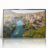 Framed acrylic wall art showcasing a serene village landscape design with silver accents, perfect for enhancing home decor with a touch of elegance.