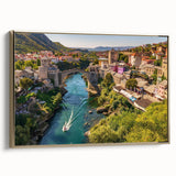 Framed canvas wall art showcasing a vibrant village landscape with rich colors and intricate details, designed to enhance home decor with a touch of elegance.
