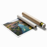 Rolled print of a serene village landscape featuring vibrant colors and detailed scenery, ideal for home decor and artistic displays, packaged securely for delivery.