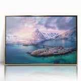 Framed acrylic wall art featuring a vibrant landscape design of a village, adorned with gold accents and set against a bright background, perfect for home decor.