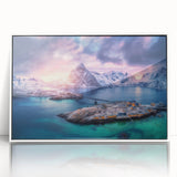 Framed acrylic wall art showcasing a serene village landscape design with vibrant colors, perfect for home decor. White frame enhances visual appeal.