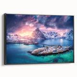 Framed canvas wall art showcasing a serene village landscape design, featuring vibrant colors and intricate details, set against a sleek black frame. Ideal for home decor.