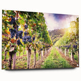 Side view of a modern acrylic glass wall art featuring a vibrant vineyard landscape design, showcasing rich green vines and rolling hills, ideal for home decor.