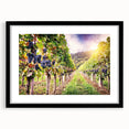 Framed wall art showcasing a picturesque vineyard landscape design, featuring lush green vines and rolling hills, with a stylish black frame and mat. Ideal for home decor.