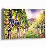 Framed canvas wall art showcasing a serene vineyard landscape design with lush green vines, elegant silver frame, and rich colors, perfect for home decor.