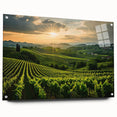 Acrylic wall art design showcasing a vibrant vineyard landscape, featuring rich green grapevines and rolling hills, elegantly displayed in a side view with pins for easy mounting.