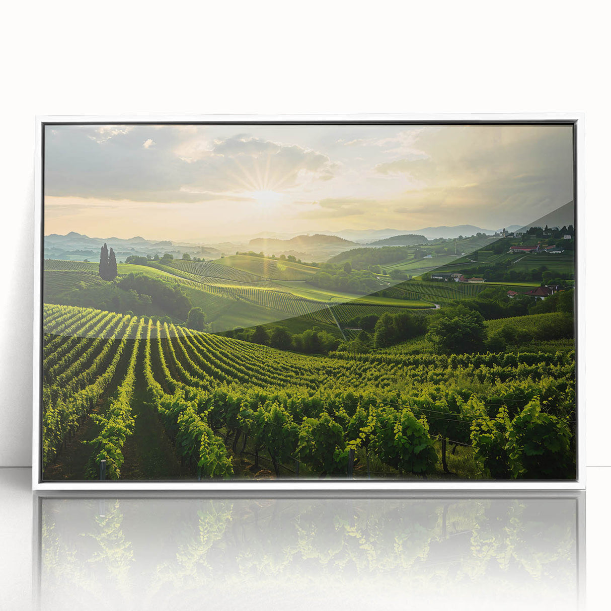 Framed acrylic artwork showcasing a scenic vineyard landscape, featuring lush green vines and rolling hills, designed for elegant wall decor in modern interiors.