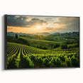 Framed black canvas wall art showcasing a vibrant vineyard landscape design, featuring lush green vines and a serene blue sky, perfect for home decor.