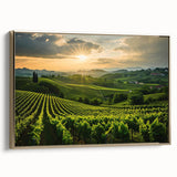 Framed canvas wall art showcasing a stunning vineyard landscape design with vibrant green vines and golden accents, perfect for enhancing interior decor.