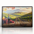 Framed acrylic wall art showcasing a vibrant vineyard landscape design with lush green vines and rolling hills, presented in a sleek black frame for modern decor.