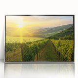 Framed acrylic wall art showcasing a vibrant vineyard landscape design, featuring lush green grapevines and rolling hills, ideal for enhancing home decor aesthetics.