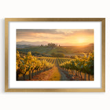 Framed wall art featuring a picturesque vineyard landscape design in gold tones, highlighting lush grapevines and rolling hills, perfect for enhancing home decor.