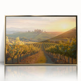 Framed wall art depicting a vibrant vineyard landscape design with gold accents, ideal for enhancing home decor and adding elegance to any room.