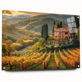 Acrylic glass wall art showcasing a vibrant vineyard landscape design, featuring rich green vines and rolling hills, elegantly displayed from a side view with visible mounting pins. Perfect for enhancing home decor with a touch of nature's beauty.