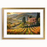 Elegant framed wall art featuring a vineyard landscape design, with a gold frame and mat, showcasing vibrant greens and earthy tones, perfect for enhancing home decor.