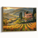 Framed wall art featuring a scenic vineyard landscape design, with rich green grapevines and rolling hills, elegantly displayed in a gold frame. Perfect for enhancing home decor.