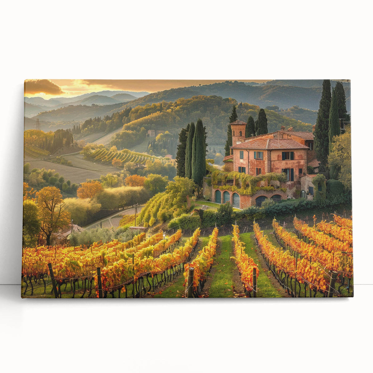 Vibrant stretched canvas wall art depicting a scenic vineyard landscape, featuring rolling hills and lush grapevines, perfect for enhancing home decor.