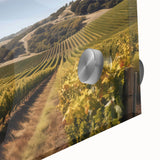 Close-up of a vibrant acrylic glass artwork featuring a picturesque vineyard landscape, showcasing lush green vines under a bright blue sky, perfect for home decor enthusiasts.