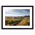 Framed landscape vineyard wall art design featuring elegant black matting, showcasing vibrant colors and picturesque scenery, perfect for enhancing home decor.
