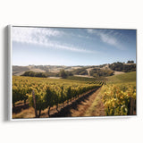 Framed canvas wall art featuring a serene vineyard landscape design, showcasing lush green vines and rolling hills, perfect for enhancing home decor and creating a tranquil atmosphere.