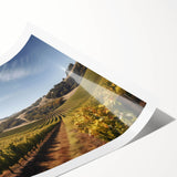 Vibrant vineyard landscape wall art print showcasing lush green grapevines under a bright blue sky, rolled and ready for framing, perfect for home decor.