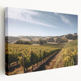 Stretched canvas artwork showcasing a vibrant vineyard landscape design, featuring rich green grapevines under a clear blue sky, ideal for home decor.