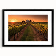 Framed wall art featuring a scenic vineyard landscape design, with a black mat and frame, perfect for enhancing home decor and adding a touch of elegance.