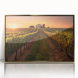 Framed acrylic wall art featuring a picturesque vineyard landscape with golden tones, ideal for enhancing home decor and creating a serene atmosphere.