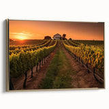 Framed canvas wall art showcasing a serene vineyard landscape design with golden accents, ideal for home decor, exuding elegance and tranquility.