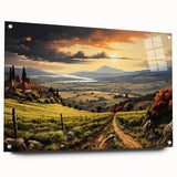 Acrylic-glass wall art collection showcasing a vibrant vineyard landscape design, displayed in a side view with visible mounting pins, ideal for home decor.