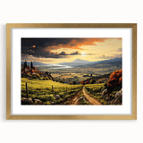 Elegant gold-framed wall art showcasing a picturesque vineyard landscape design, featuring vibrant green vines and a serene sky, perfect for home decor.