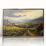 Framed acrylic wall art showcasing a stunning vineyard landscape design, featuring rich green vines and a golden frame, perfect for enhancing home decor.