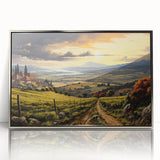 Framed acrylic wall art featuring a vibrant vineyard landscape design with a silver frame, perfect for enhancing home decor in wine-themed settings.