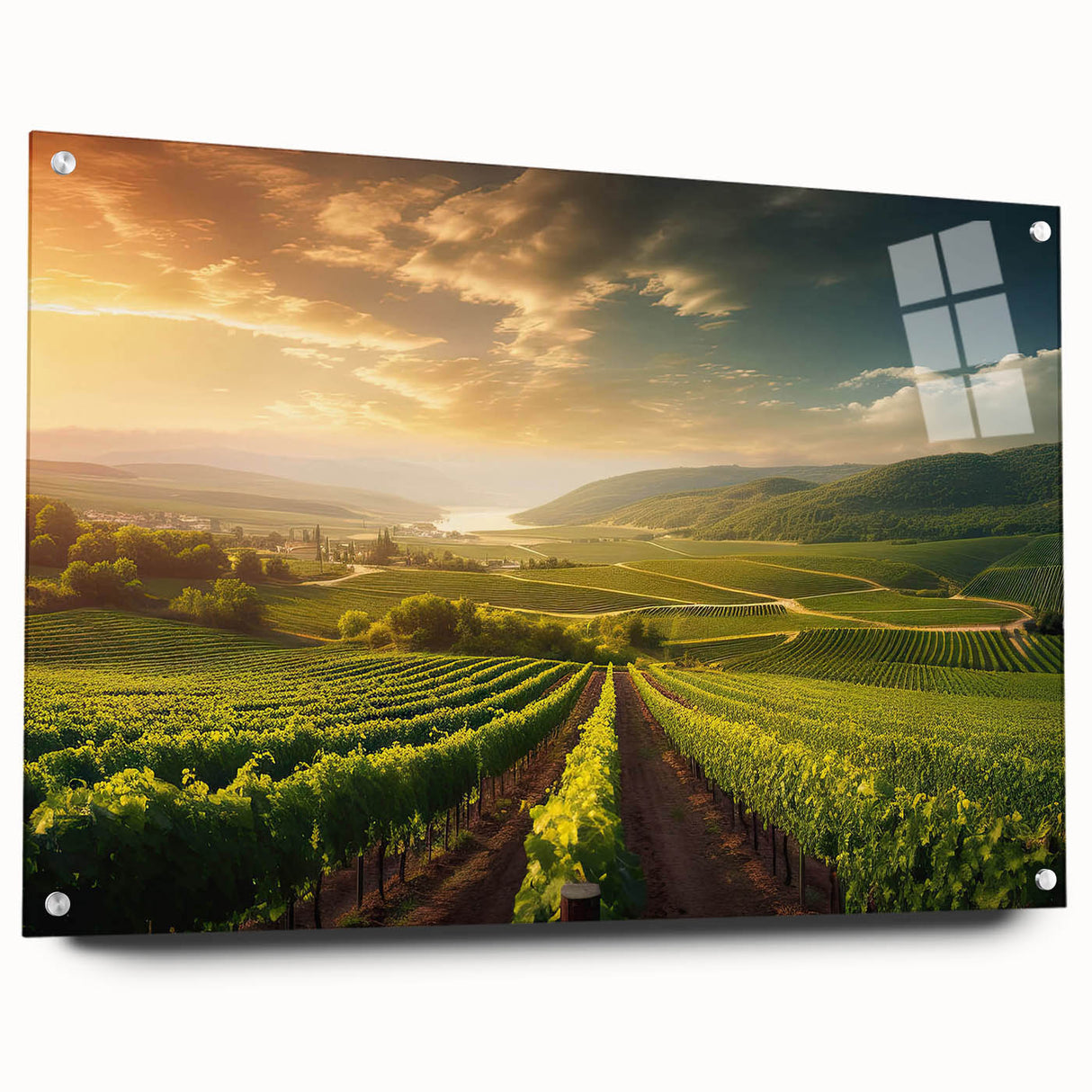 Acrylic wall art design showcasing a vibrant vineyard landscape, displayed in a sleek glass frame with visible mounting pins, enhancing the contemporary decor aesthetic.