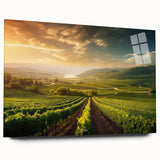 Side view of an acrylic glass wall art piece displaying a vibrant vineyard landscape design, showcasing lush green vines and rolling hills, ideal for home decor.